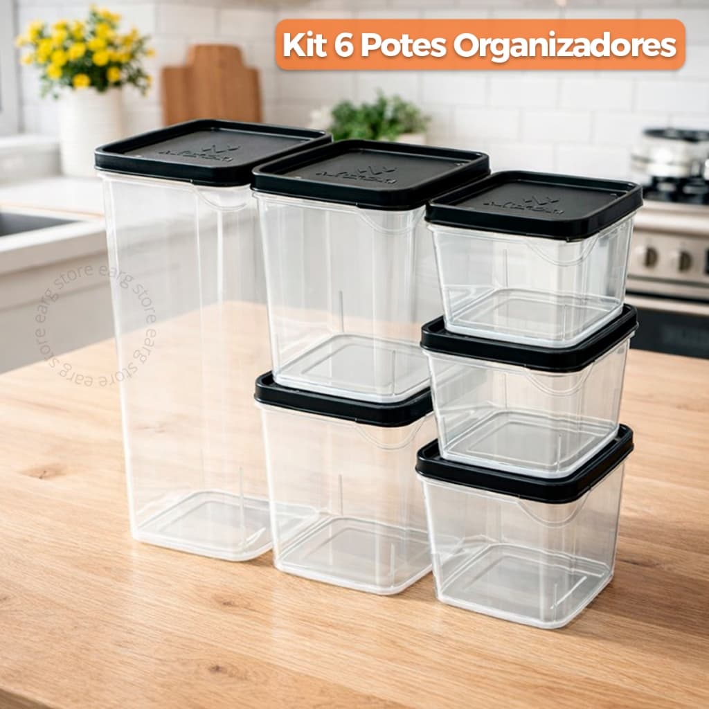 Kit 6 Potes Modulares Organizadores Multiuso Porta Mantimentos Empilháveis Cozinha Armário