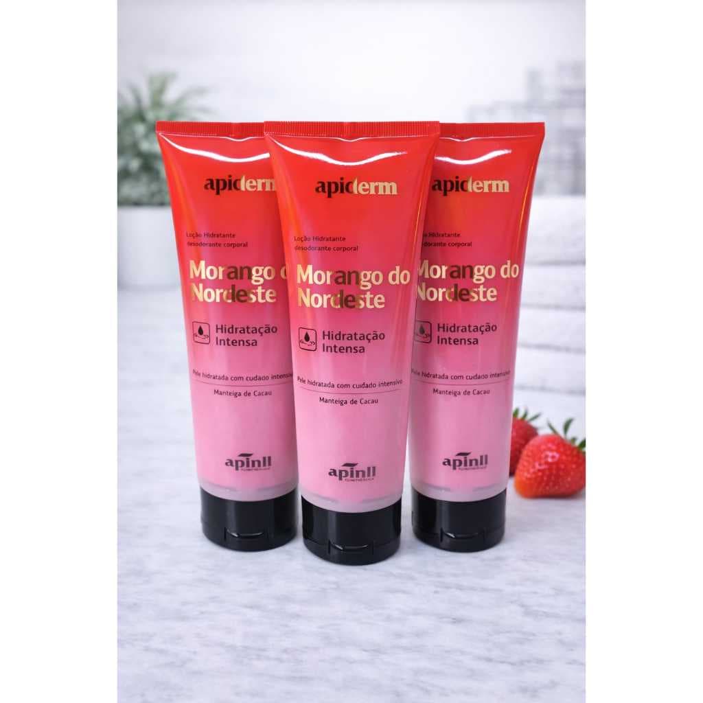 Kit c/ 3 Loção Hidratante Corporal Morango 190g Apiderm Creme Corporal Hidratação Intensa Pele Macia