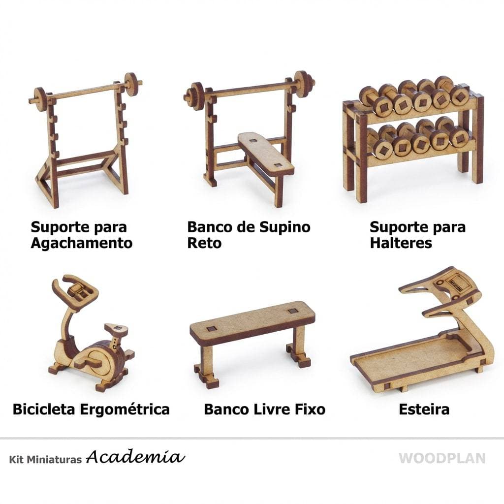 Kit Miniatura Academia 6 Pecas Supino Halteres Esteira Decoração em MDF