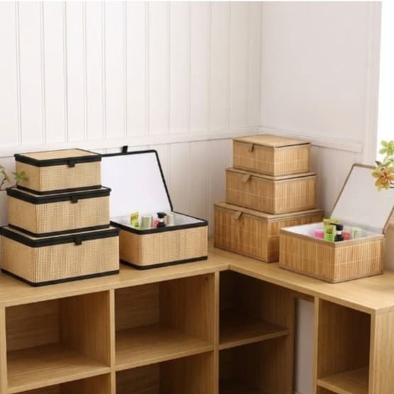 Cestos Organizadores de Bambu com Tampa Decorativo Multiuso para Banheiro Quarto e Cozinha