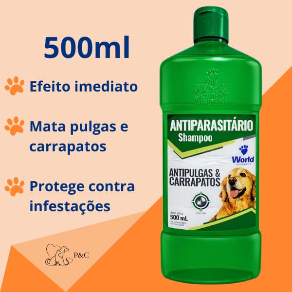 Shampoo Antiparasitário Antipulgas e Carrapatos Para Cães 500ml World Veterinária