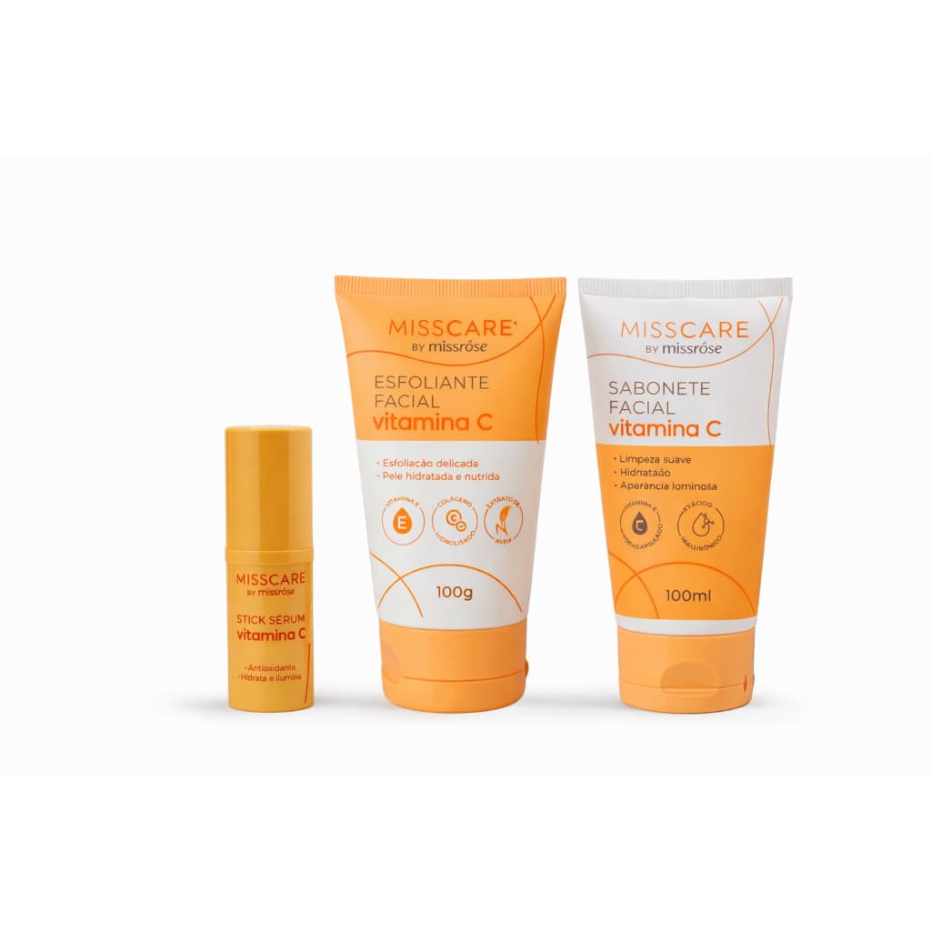 Kit Skincare Miss Care Rosa Mosqueta/Vitamina C/Controle de Oleosidade Sérum Esfoliante Sabonete