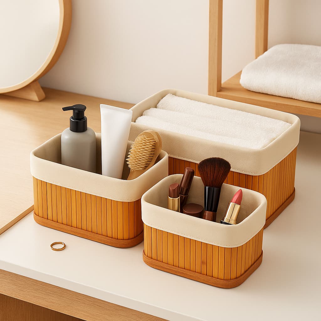 Kit Cesto Organizador em Bambu Decorativo Multiuso Banheiro Closet Quarto Sala Casa Escritório 3 Peças