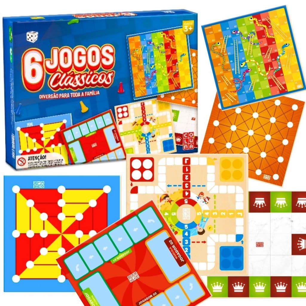 Jogo De Tabuleiro 6 em 1 Jogos Clássicos Para Família Ludo Trilha Escadas e Serpentes All Queens Mancala Fast Alquerque
