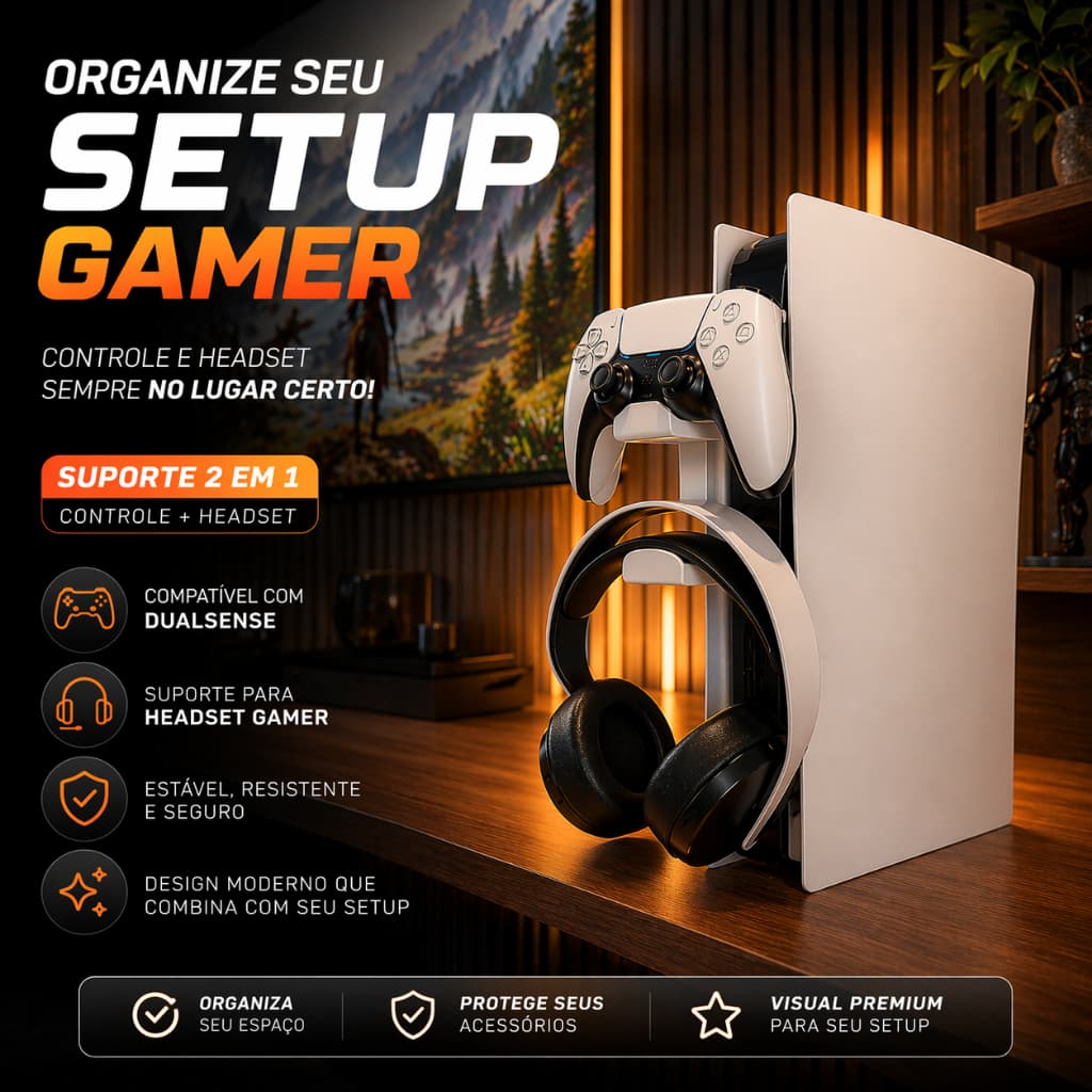 Suporte Controle Headset PS5 DualSense Suporte Controle Videogame Mesa Organizador Vertical Setup Gamer Fone Xbox