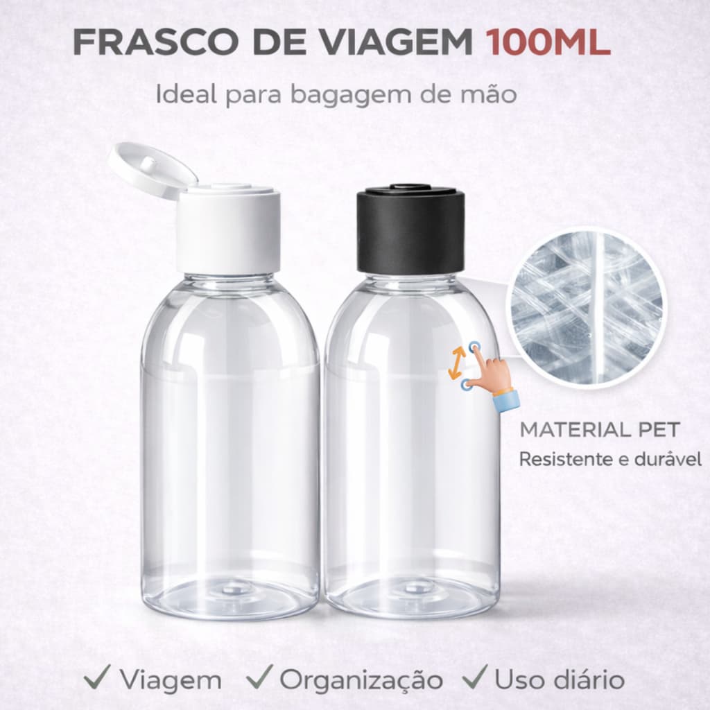 Frascos Plástico Pet 100ml cilíndrico Tampa Flip Top para viagem sabonete líquido, álcool gel, cremes e shampoo