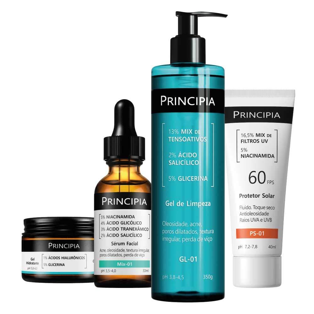 Principia Kit Anti-Acne Essencial c/ Gel de Limpeza GL-01 + Hidratação GH-01 + Sérum Mix-01 + Protetor Solar PS-01 FPS60