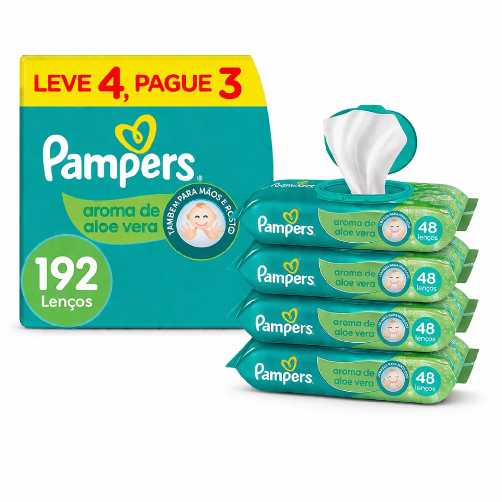 Lenço Umedecido Pampers Aloe Vera 192 Unidades – Tampa Abre/Fecha, Para Mãos, Rosto e Corpo do Bebê