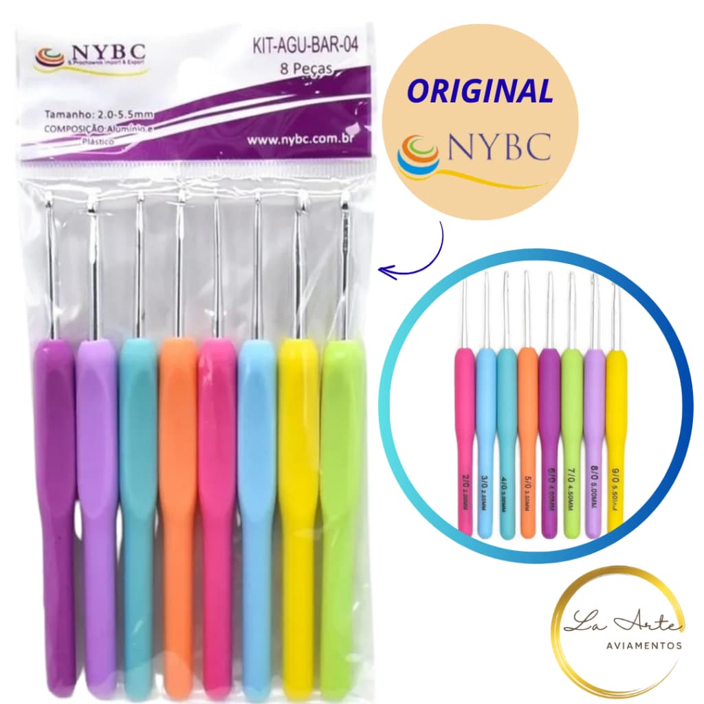 Kit Crochê 8 Agulhas Ergonômicas Profissional Amigurumi Iniciante 2mm a 5.5mm NYBC Coloridas