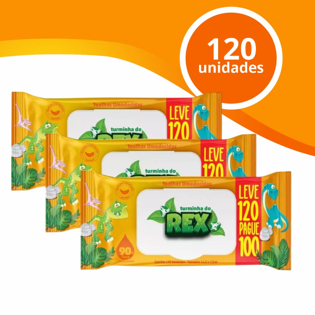 Kit Lenço Umedecido Infantil Turminha do Rex com 120un Toque Suave e Confortável para seu Bebê