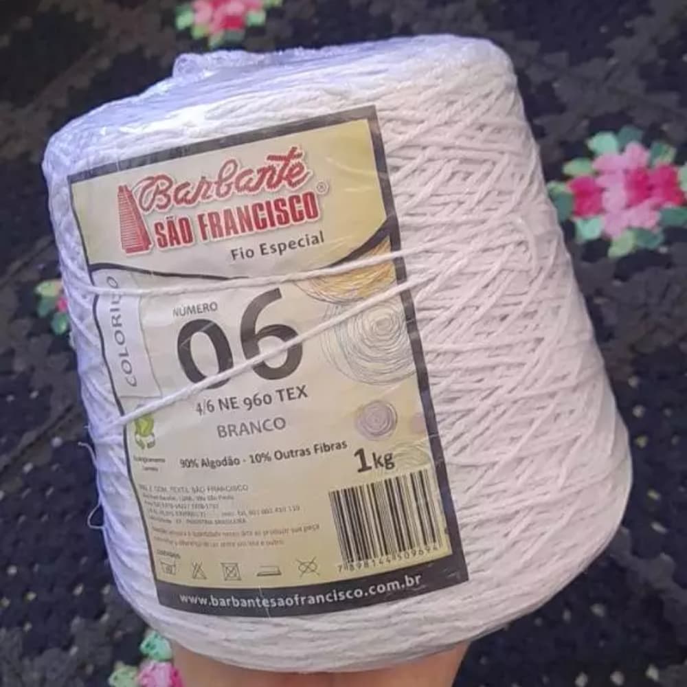 Barbante Colorido N°06 Cone De 1kg,Cor Branco, Linha de Crochê, Tapetes para Artesanato.