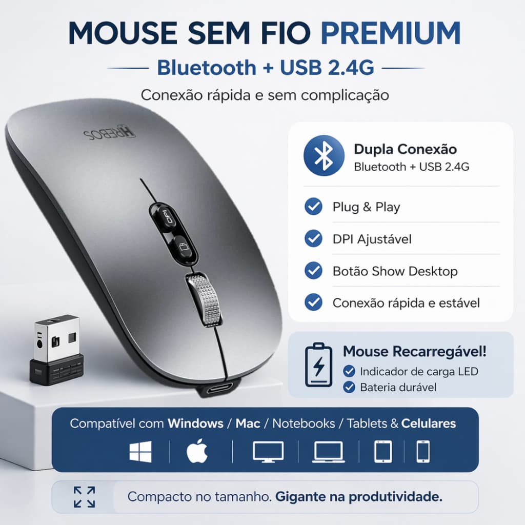 Mouse Sem Fio Recarregável Bluetooth ou Pino USB DPI Ajustável Note Tablet Android iOS Windows