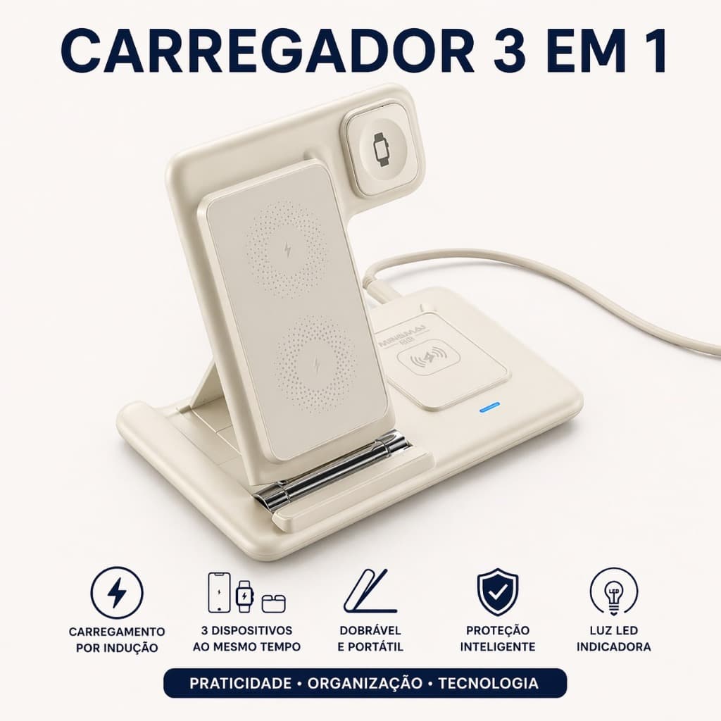 Carregador Sem Fio 3 em 1 Indução Rápida Dobrável Base Wireless Celular Smartwatch Fone