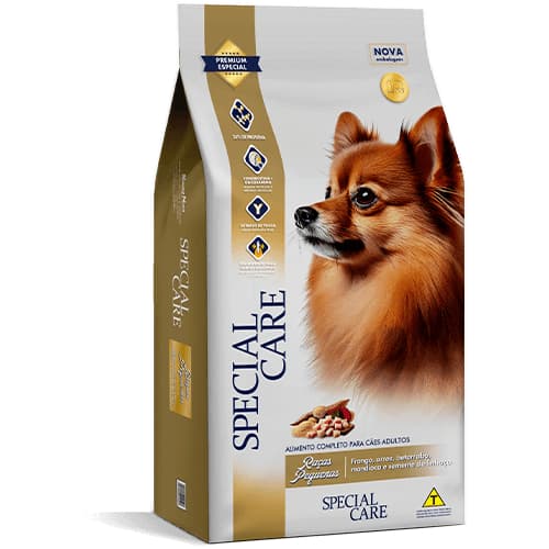 RAÇÃO Kit 3 Special Care Raças Peq. – 3×1 kg | 26 % Prot. & Mini Croquetes | Frango, arroz, beterraba, semente linhaça