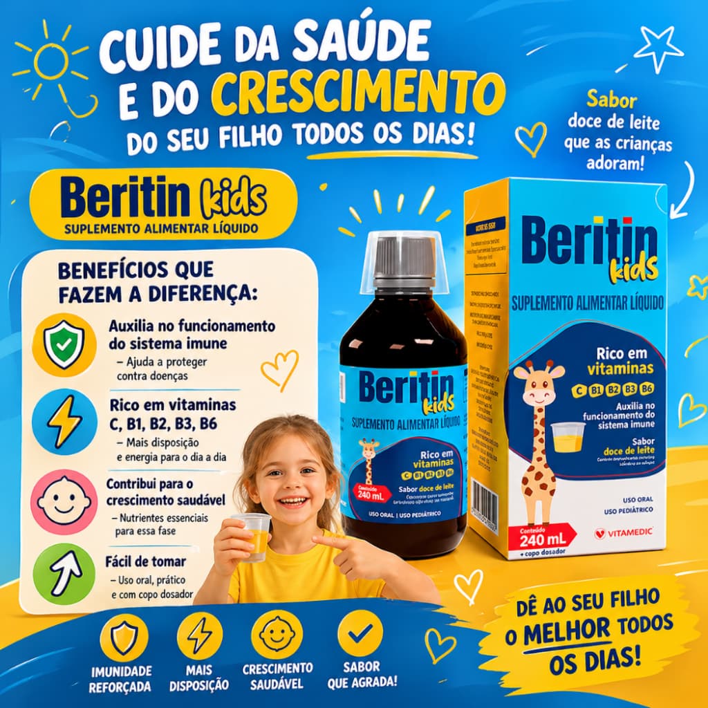 Beritin Kids Suplemento Alimentar Infantil Vitaminas C B1 B2 B3 B6 Sabor Doce de Leite 240ml