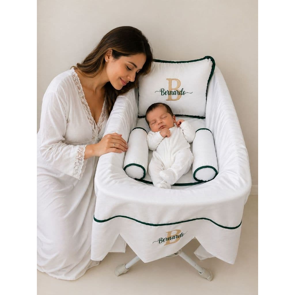 Kit Berçário Personalizado 3 Peças Toque de Algodão Almofada + Cobre-Leito + Rolinhos Enxoval Bebê com Nome