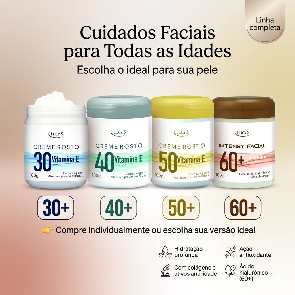 Creme Facial Anti Idade 30 40 50 60+ Hidratante com Colágeno e Vitamina E Óleo de Argan para Rugas