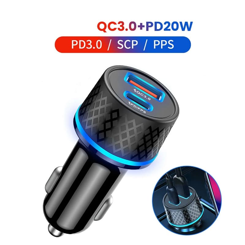 Carregador Veicular Turbo Rápido Pd Carregamento Duas Saídas Usb Tipo C 12v 24v Universal Compacto Proteção Inteligente