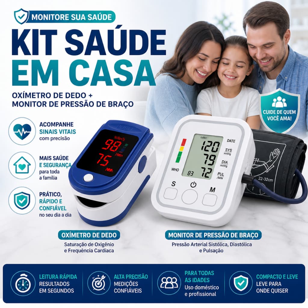 Kit Oxímetro e Aparelho de Pressão Arterial Monitor Digital Portátil Saúde em Casa Braço/Dedo Kit/Un