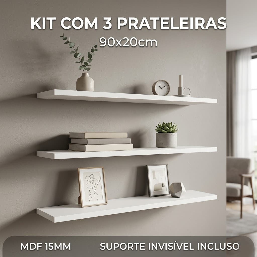 Prateleira de Parede 90x20cm MDF 15mm Branca com Suporte Invisível Alta Resistência