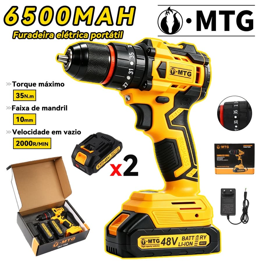 Kit Parafusadeira Furadeira de Impacto 48V 2 Baterias Com Caixa de Ferramentas e Acessórios Completo