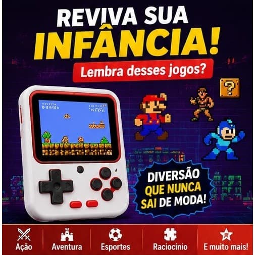 Mini Video Game Portátil 400 Jogos com Controle e Saída TV Console Retrô Tela 3 Polegadas Bateria Recarregável