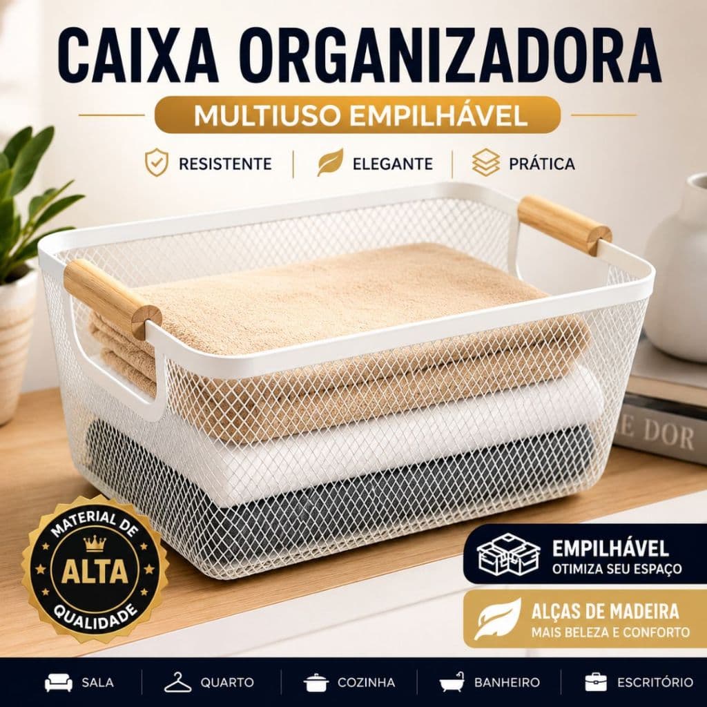 Caixa Organizadora Multiuso Empilhável Organizador Closet Cozinha Alça Madeira