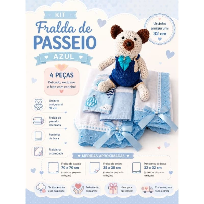 KIT ENXOVAL BEBÊ MENINO AZUL FRALDAS BORDADO INGLÊS + PANINHOS + URSO AMIGURUMI PRESENTE MATERNIDADE
