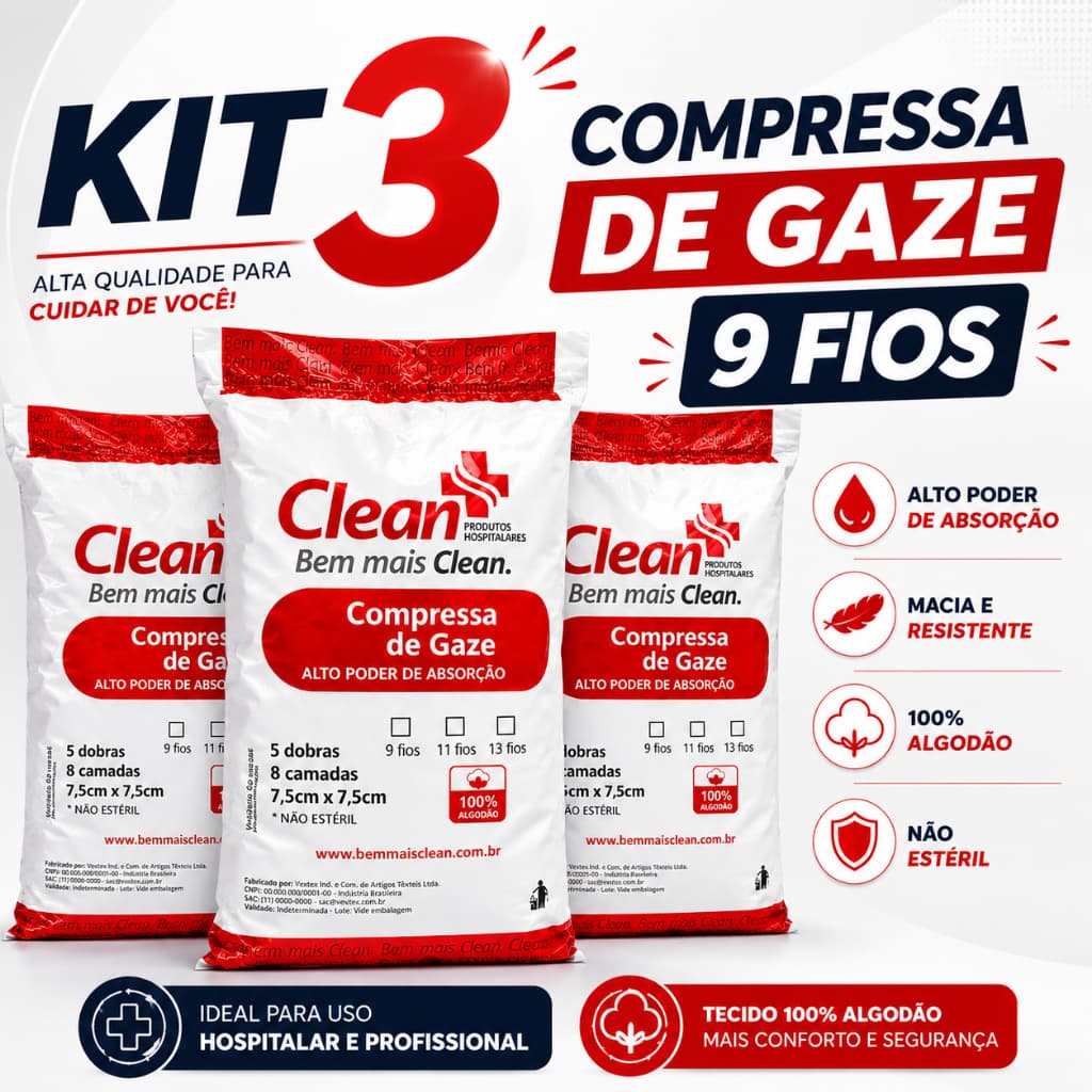 Kit 3x Compressa Gaze 9 Fios Hidrófila Não Estéril 1500Un ou 540g Ideal Para Curativo