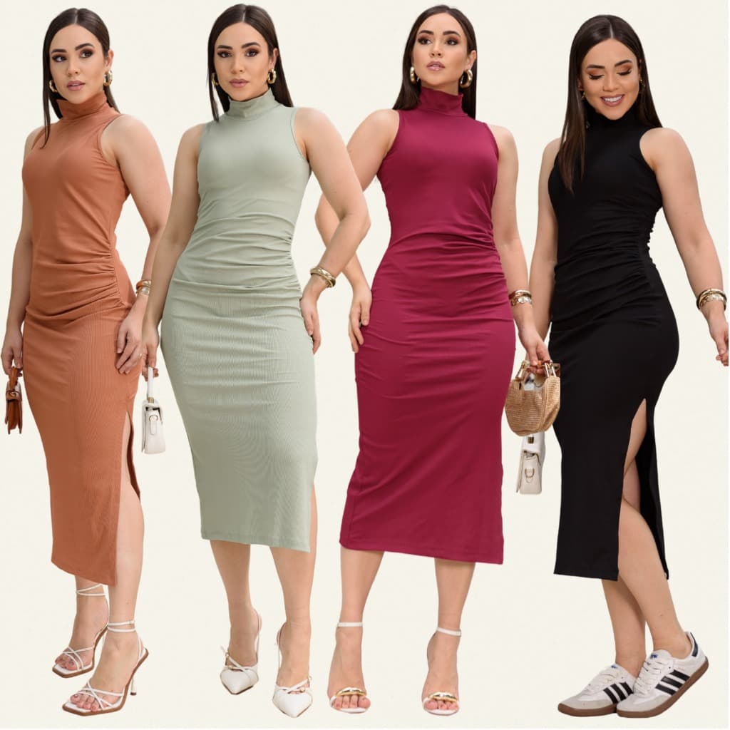 Vestido Feminino Midi Canelado Gola Alta Franzido com Fenda Elegante Helena