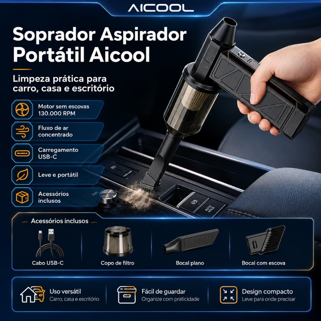 Aicool Ventilador Turbo de Dupla Função: Aspirador de Pó Turbo Portátil USB 2 em 1 Potente e Compacto