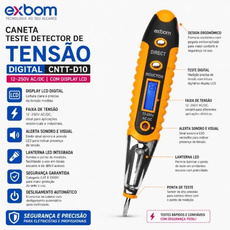 Caneta Detectora Tensão Corrente Digital AC/DC 12v-220v Alta Precisão LED Display CNTT-D10 EXBOM