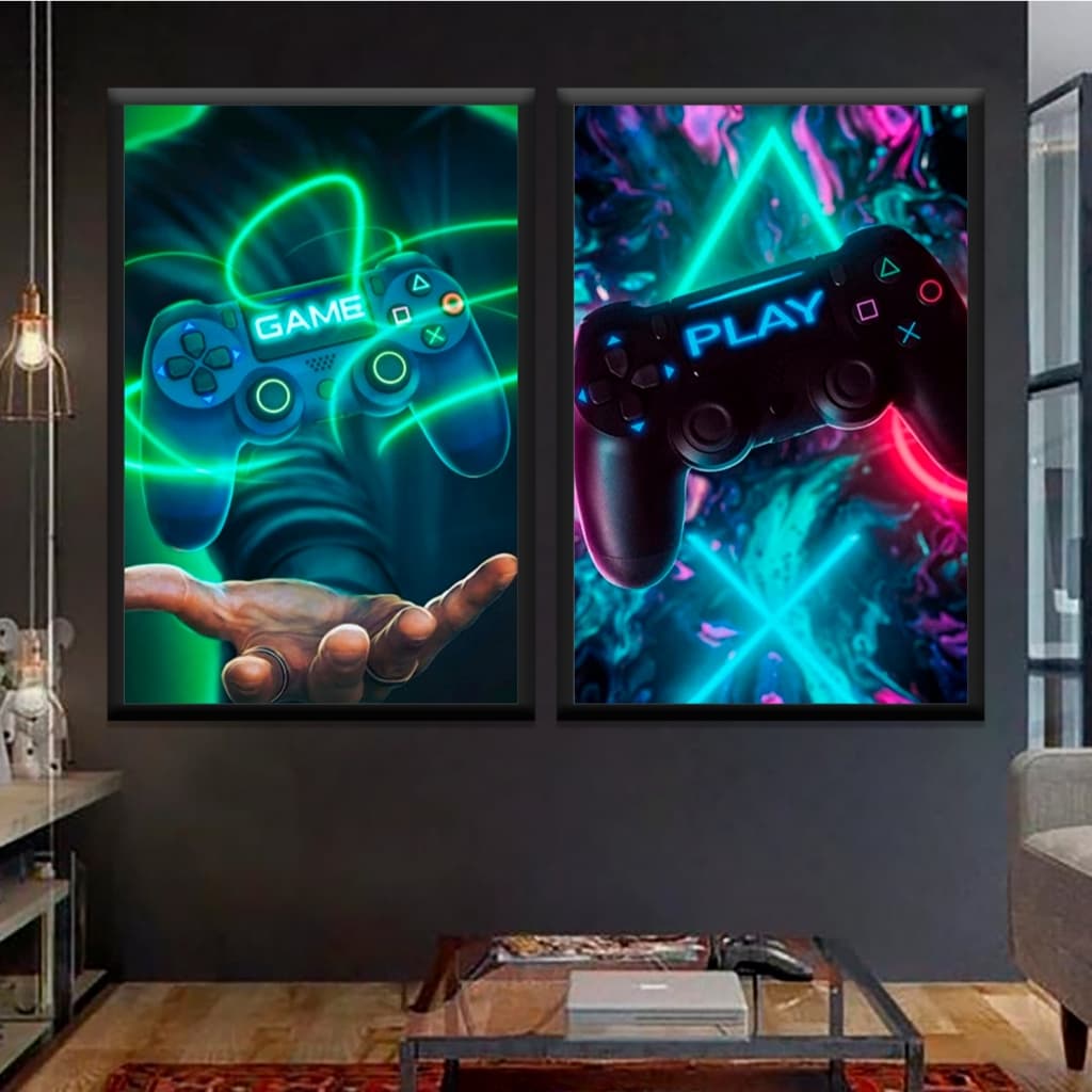 Kit 2 quadros decorativos gamer controle neon vídeo game play jogo decoração casa sala quarto setup
