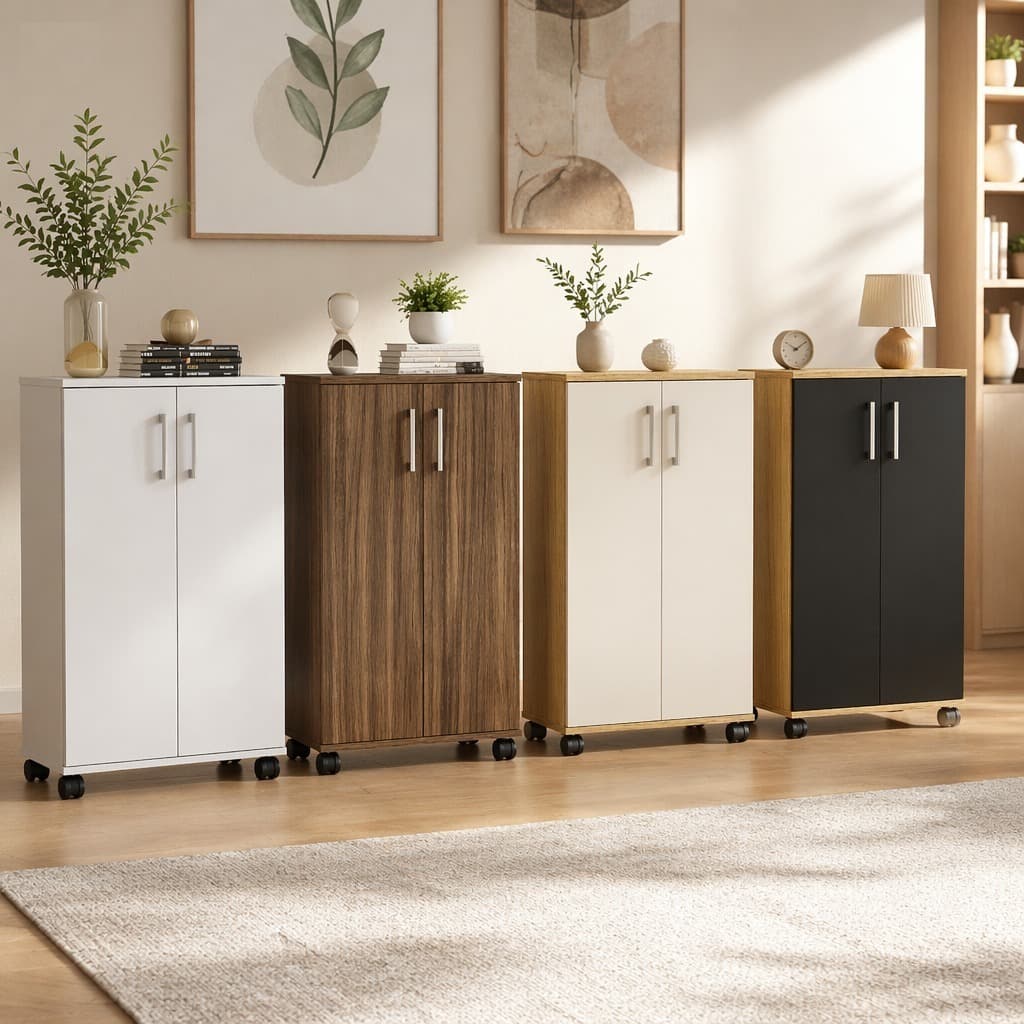 Armário Organizador Multiuso 96cm com Rodinhas 2 Portas para Lavanderia Cozinha Quarto