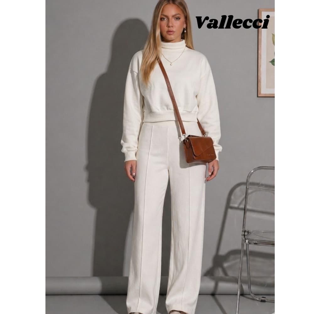 Conjunto Feminino elegante Moletom Cropped  Gola Alta Oversized Calça Wide Leg White - Tendência Inverno 2026
