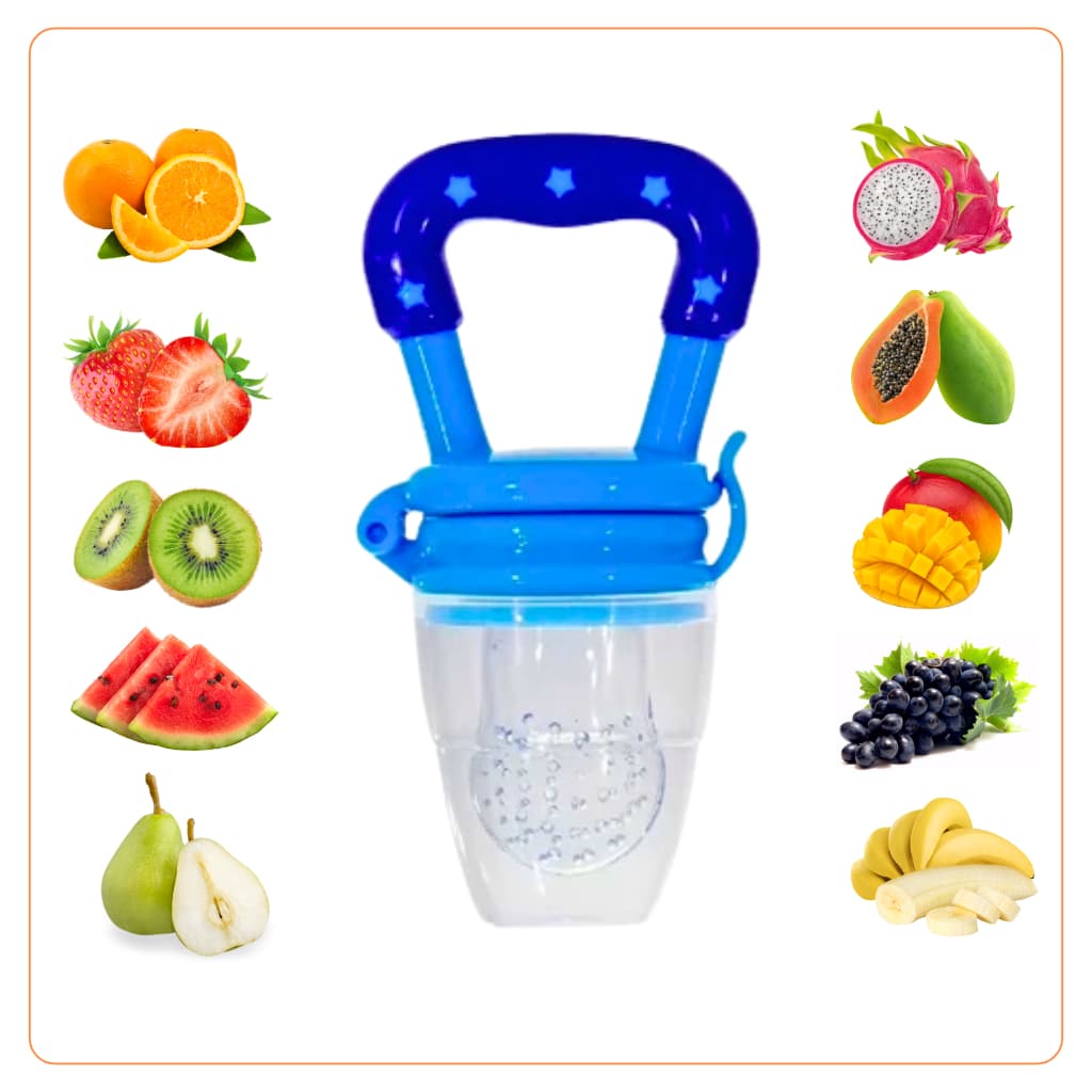 Chupeta Mordedor Azul Alimentadora Bebê de Silicone Porta Fruta Legume Iogurte Introdução Alimentar