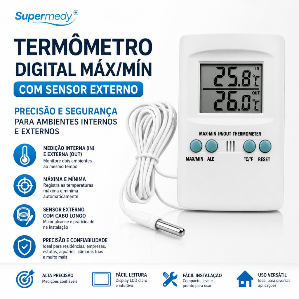Termômetro Digital Máx Min -50°C +70°C Sensor Externo Alarme | Vacina Geladeira Freezer Aquário Laboratório
