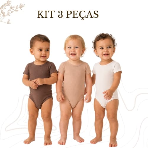 Kit 3 Peças Body Bebê Manga Curta Ribana Canelada Liso Menino Menina Unissex Enxoval
