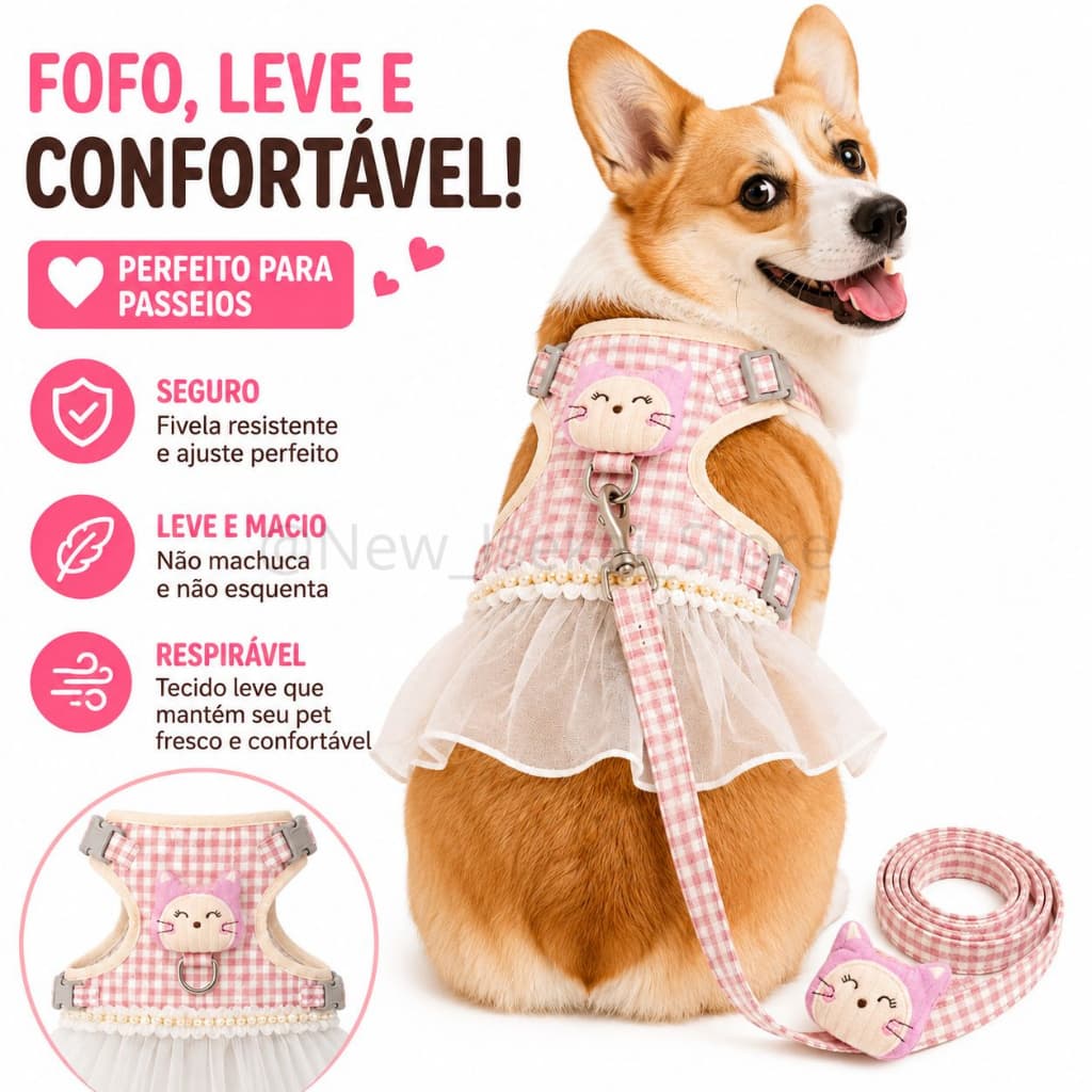 Coleira Peitoral Vestido Princesa Tule com Guia Confortável Gato e Cachorro Fashion Moda Pet 2 em 1 para Passeio e Fotos