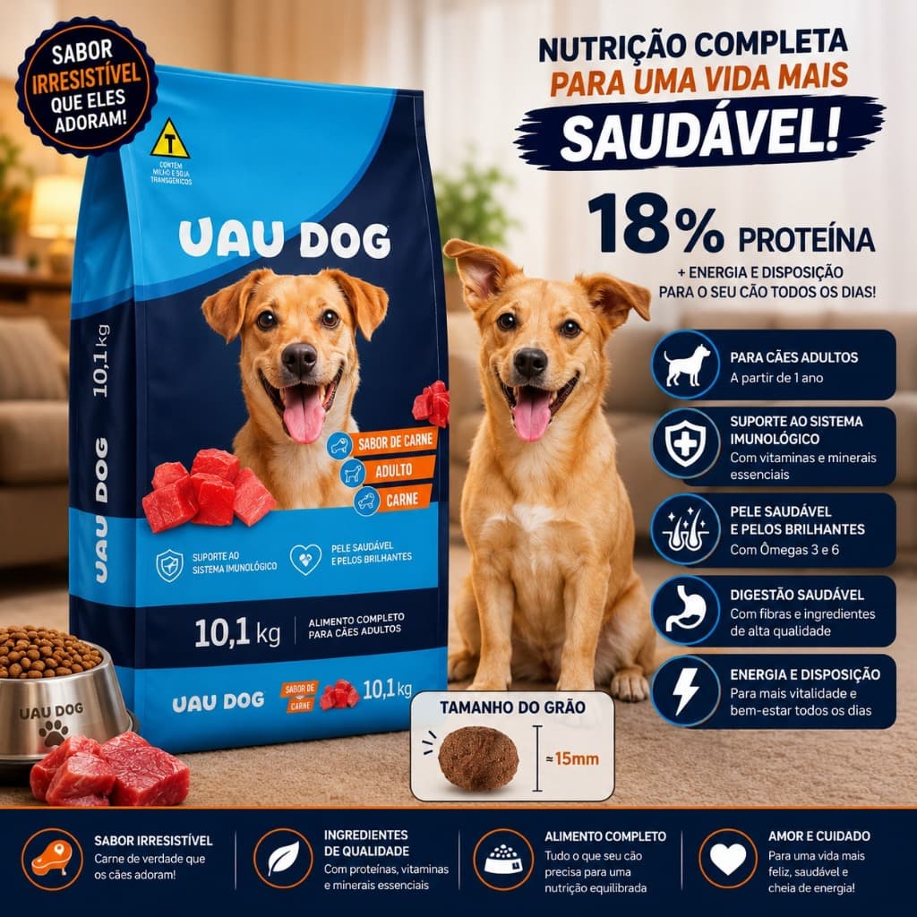 Ração 10kg Para Cachorro Adulto Todas as Raças sem Corante Uau Dog Sabor Carne Nível Proteína 18%