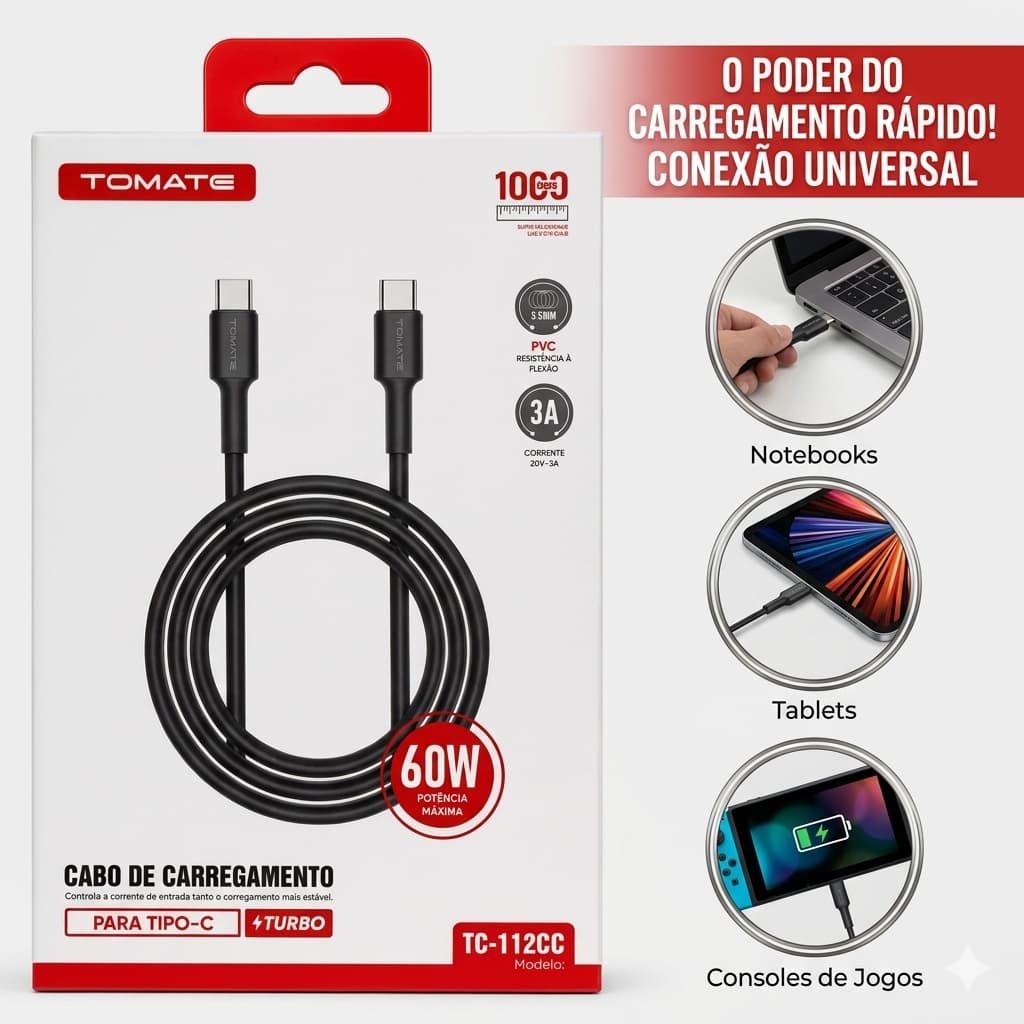 Cabo USB-C Tipo-C Turbo Tomate Carregamento Rápido 3A Compatível Celular Android Notebook Tablet 60W
