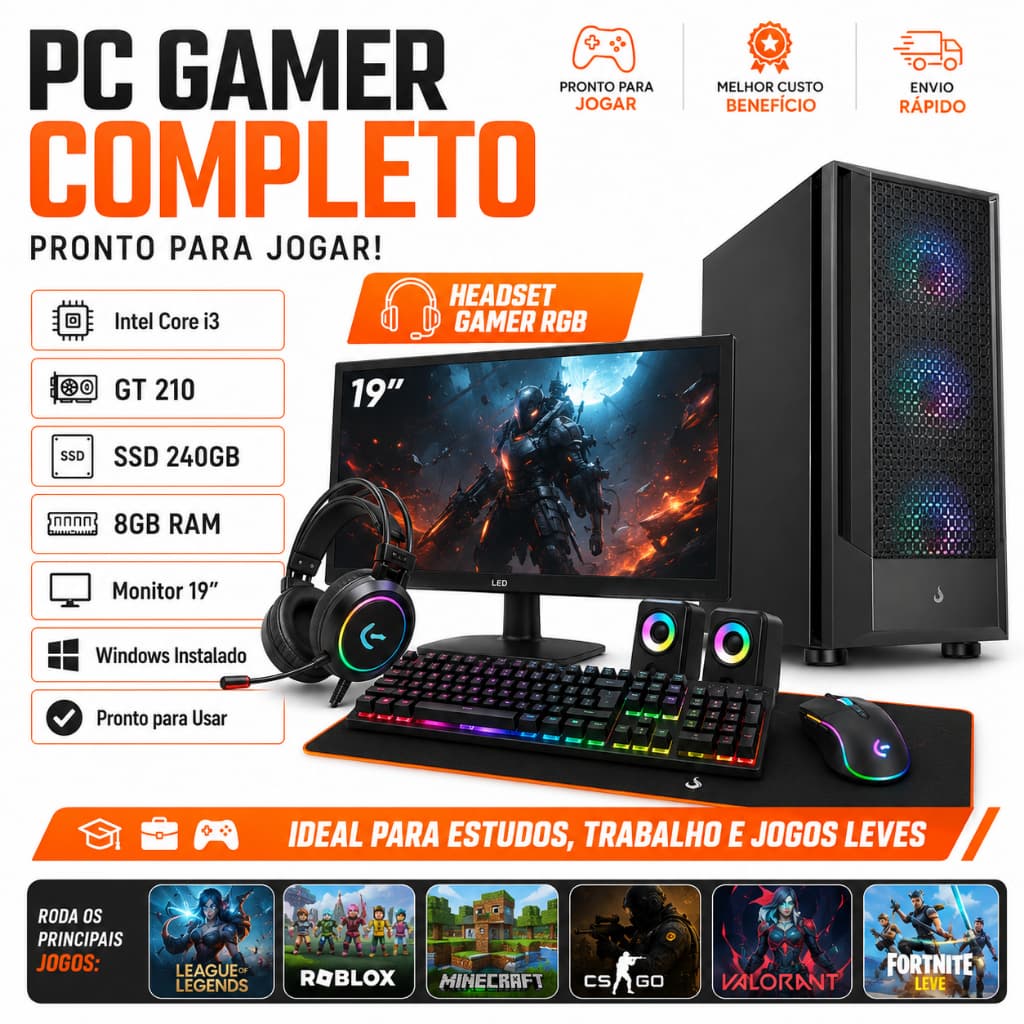 PC Gamer Completo i3 GT 210 SSD 240GB Headset Gamer RGB Monitor 19 Windows