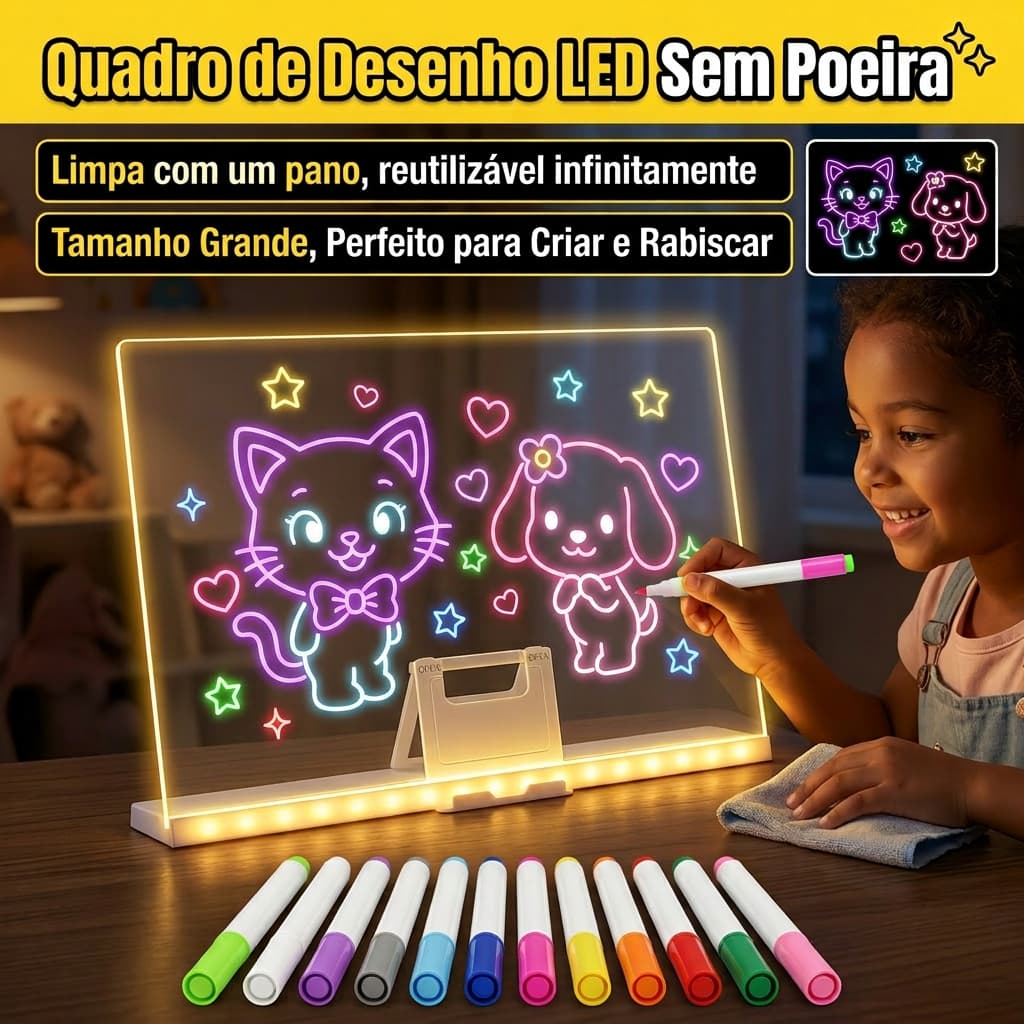 Lousa Mágica LED 30x20cm - Brinquedo Educativo Infantil para Escrever e Desenhar com Caneta Apagável
