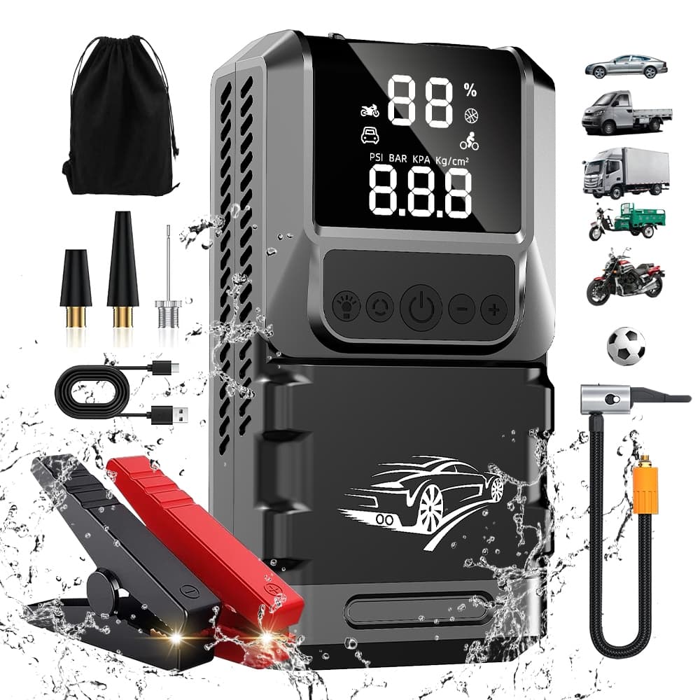 Auxiliar de Partida Veicular com Compressor de Ar e Carregador Portátil 8000mAh 150PSI 12V LED SOS Emergência