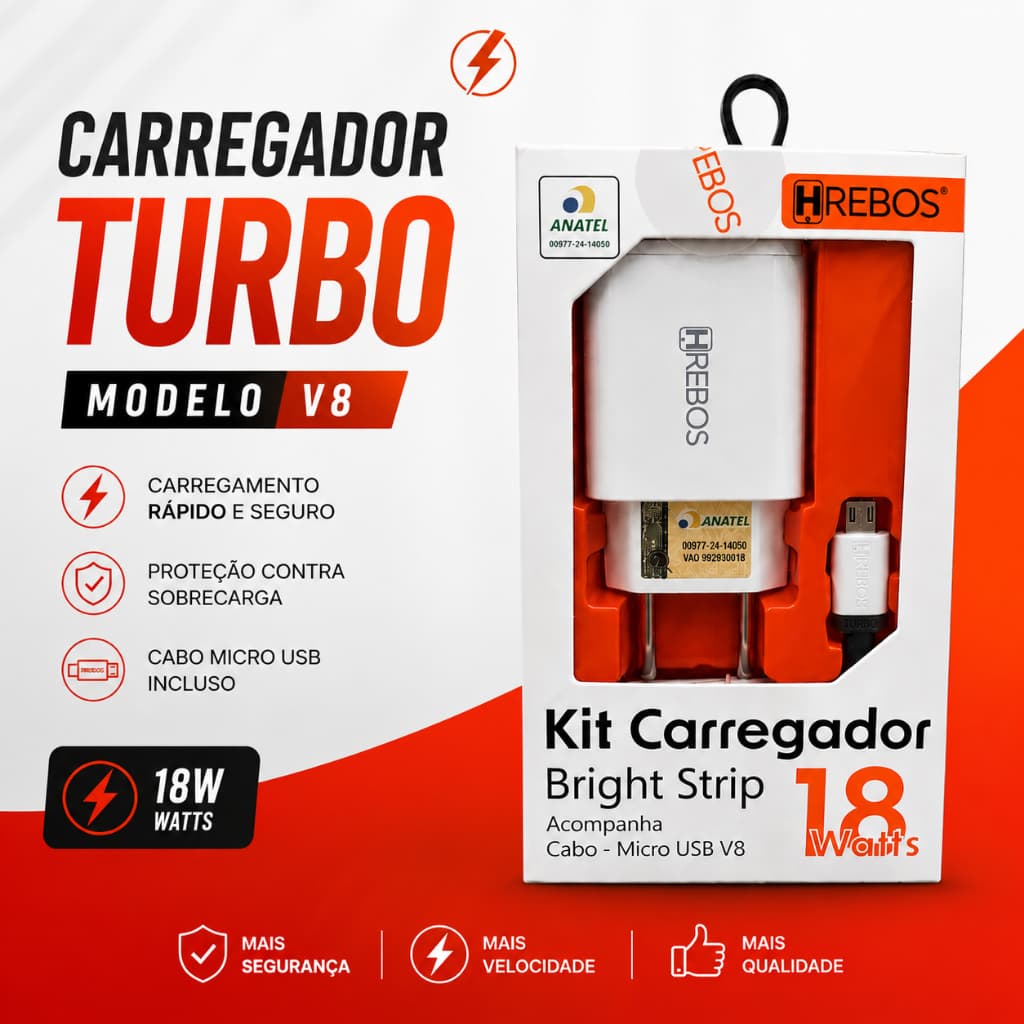 Carregador Celular Turbo Micro USB V8 Rápido 18W Completo Com Cabo Branco
