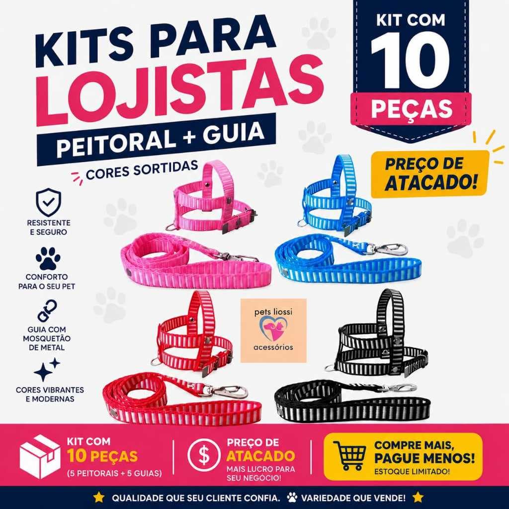 KIT 10 PEÇAS COLEIRA PEITORAL + GUIA CÃES CACHORRO PORTE PEQUENO E GATOS DIRETO DE FABRICA