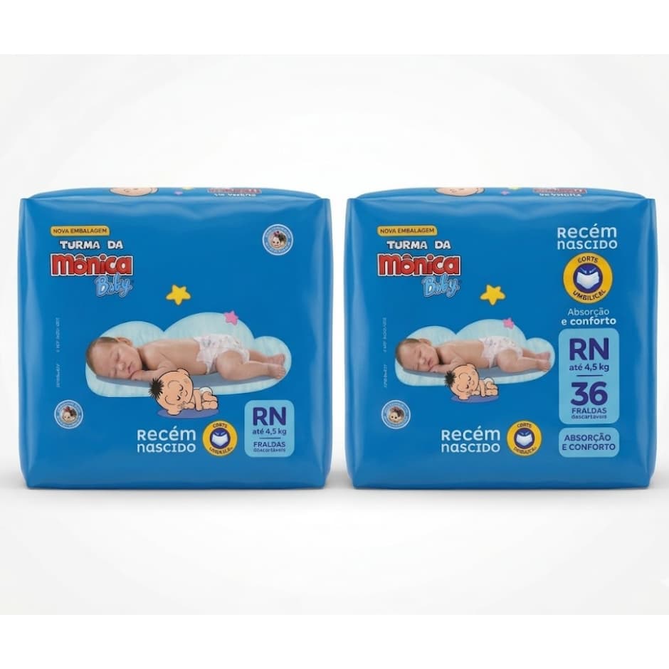 Kit c/2 Pacotes Fralda Descartável Turma da Mônica Baby Recém-Nascido 72 Un - Envio Imediato