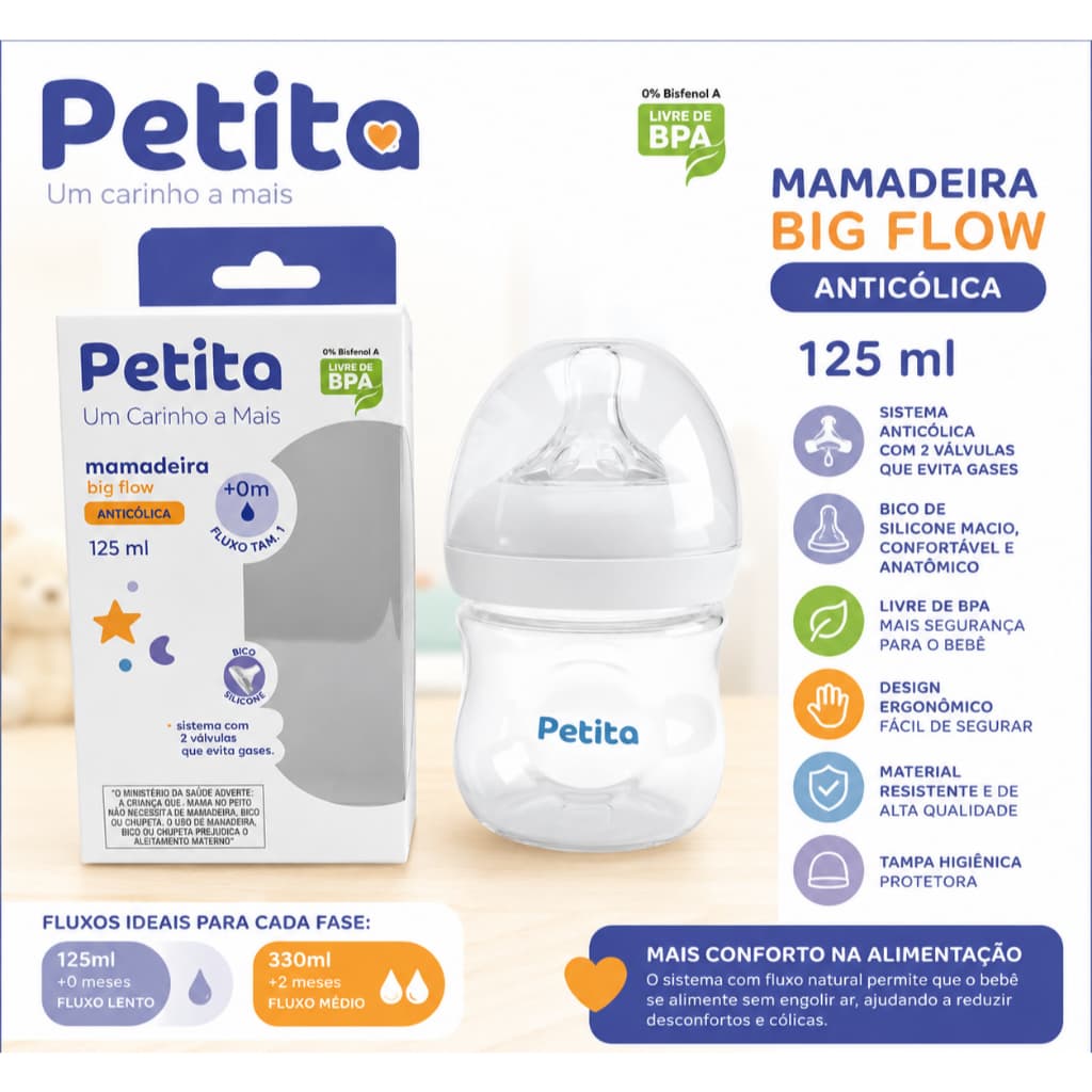 Mamadeira Petita Big Flow Anticólica 125ml  Bico Silicone  Livre de BPA Bebe