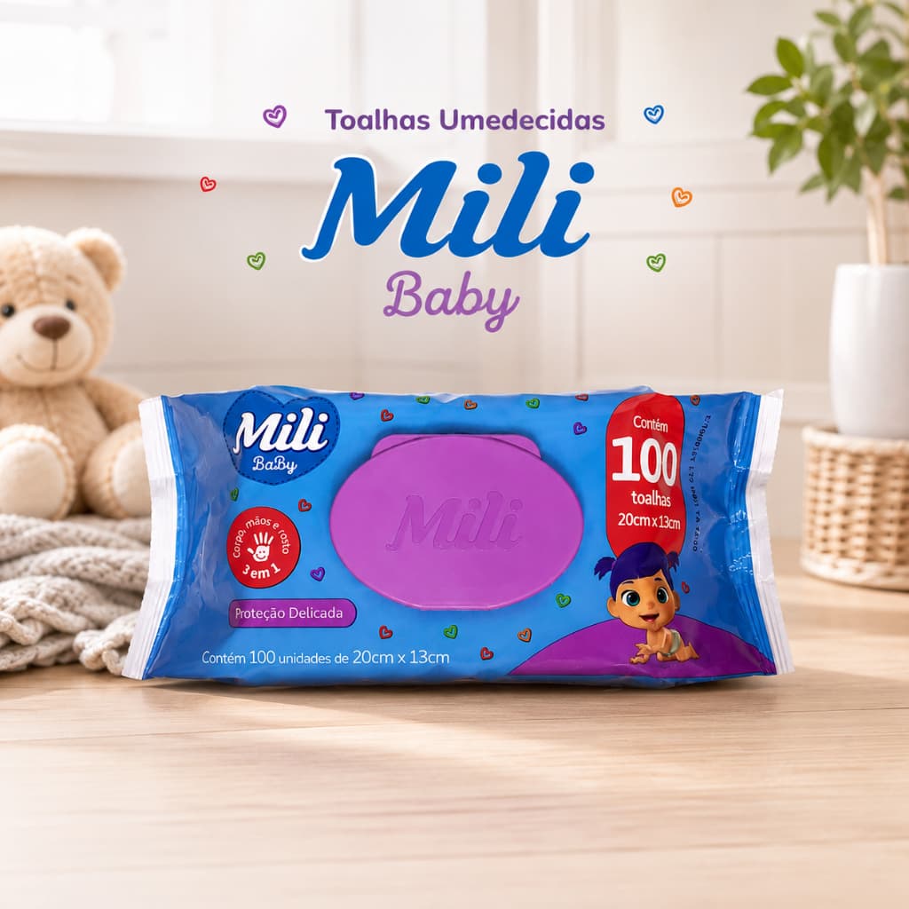 Kit 2 Toalhas Umedecidas Mili Baby 100 Unidades Lenço Umedecido Bebê Corpo Mãos e Rosto