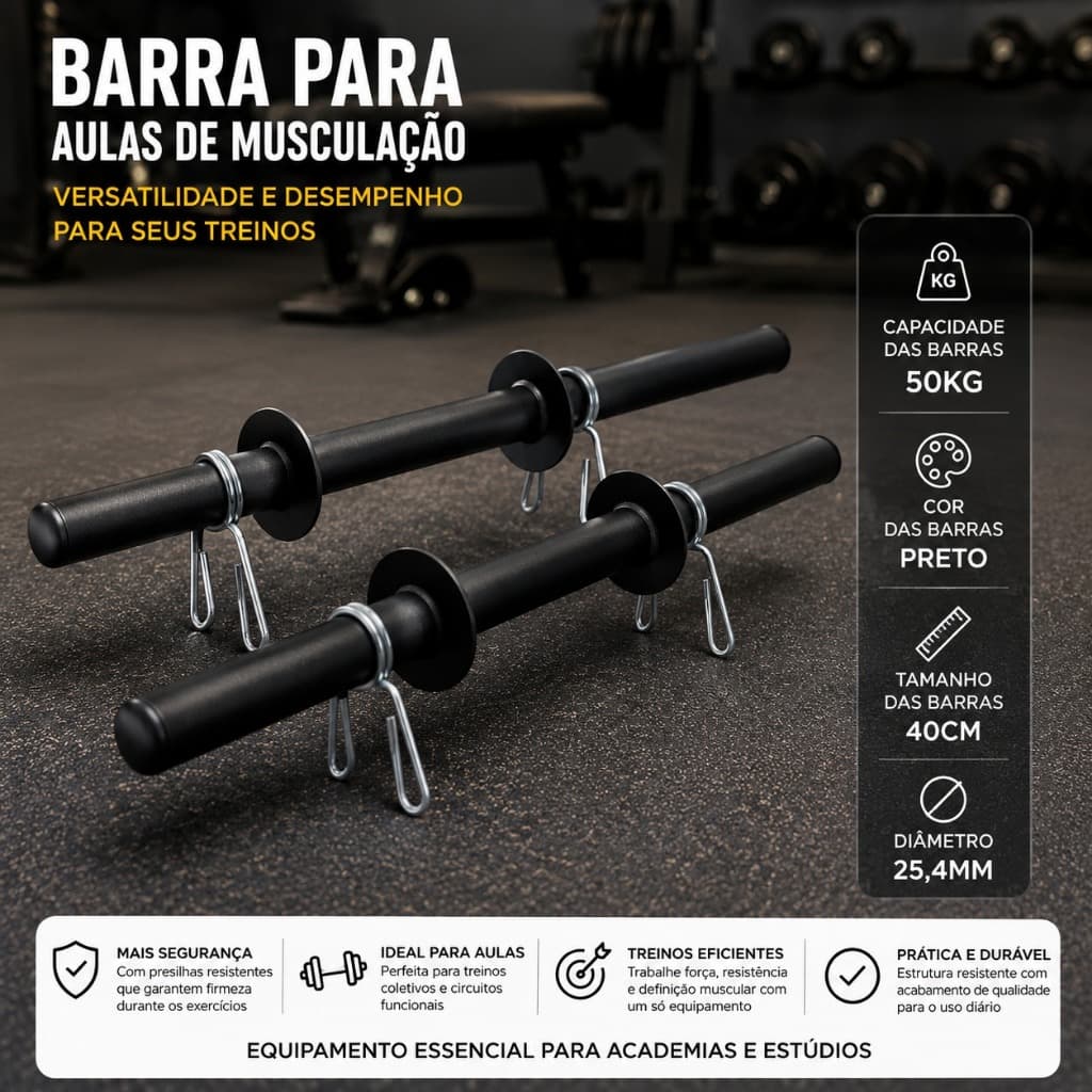 PAR DE BARRAS OCAS 40CM PARA HALTERES COM PRESILHAS Ideal para Anilhas  Musculação  Academia Treino Funcional  Supo
